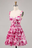 Floral Fuchsia Corset Printed A Line Homecoming Dress