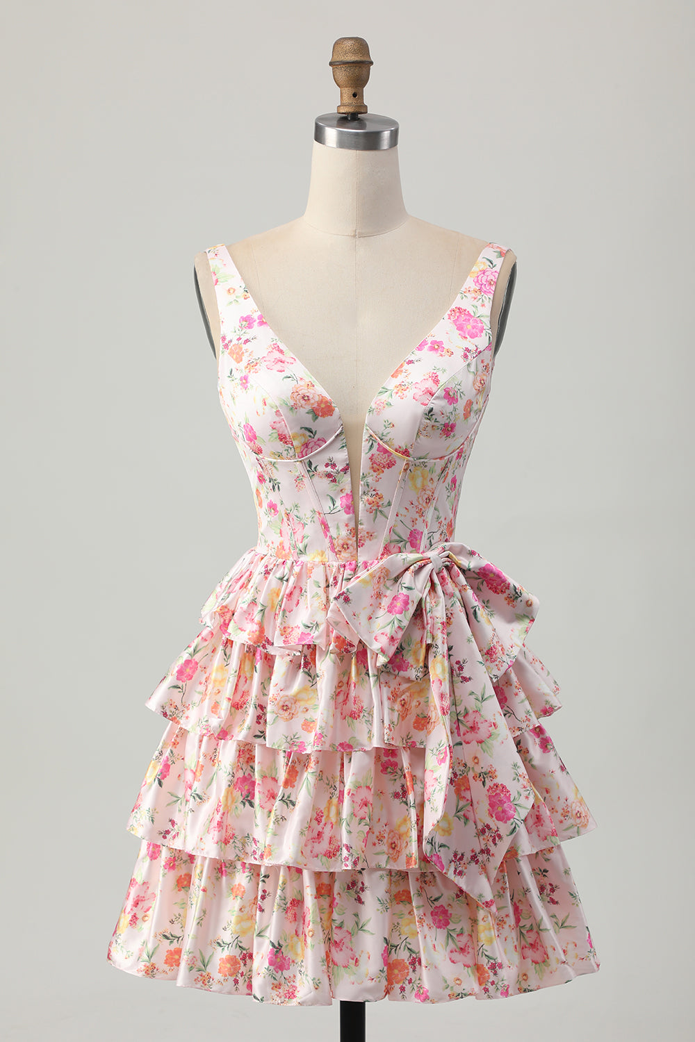 Pink Floral V-Neck A Line Tiered Short Homecoming Dress with Bow