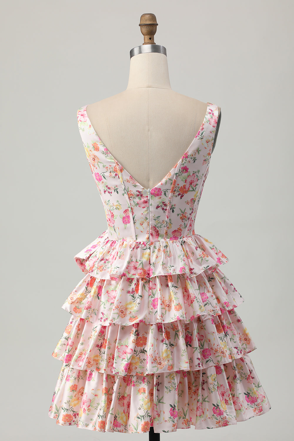 Pink Floral V-Neck A Line Tiered Short Homecoming Dress with Bow