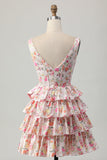 Pink Floral V-Neck A Line Tiered Short Homecoming Dress with Bow