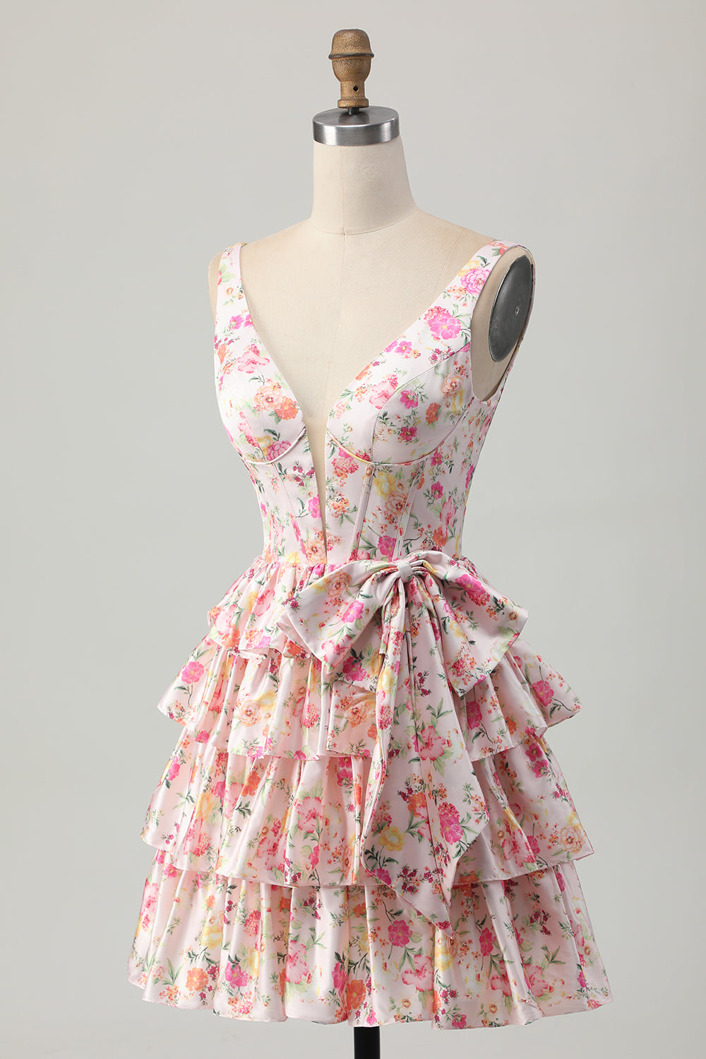 Pink Floral V-Neck A Line Tiered Short Homecoming Dress with Bow