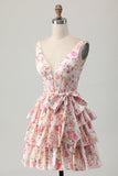 Pink Floral V-Neck A Line Tiered Short Homecoming Dress with Bow