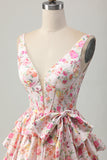 Pink Floral V-Neck A Line Tiered Short Homecoming Dress with Bow