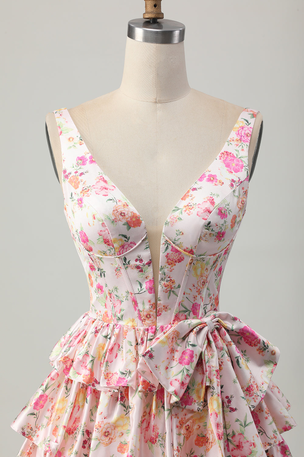 Pink Floral V-Neck A Line Tiered Short Homecoming Dress with Bow