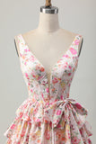 Pink Floral V-Neck A Line Tiered Short Homecoming Dress with Bow