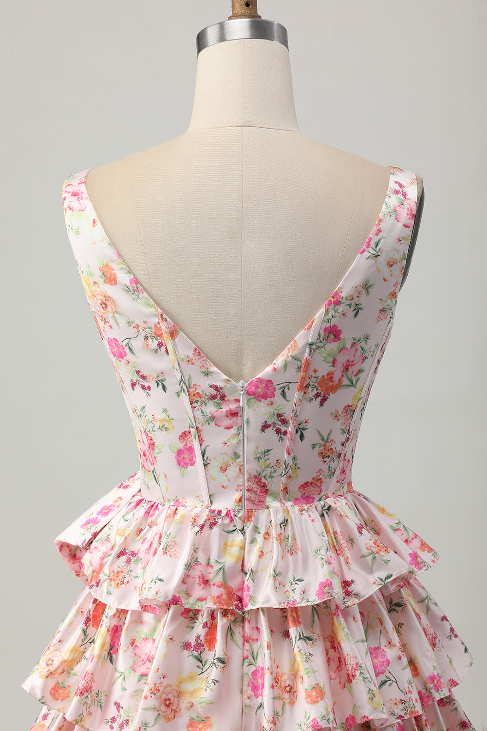 Pink Floral V-Neck A Line Tiered Short Homecoming Dress with Bow