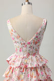 Pink Floral V-Neck A Line Tiered Short Homecoming Dress with Bow