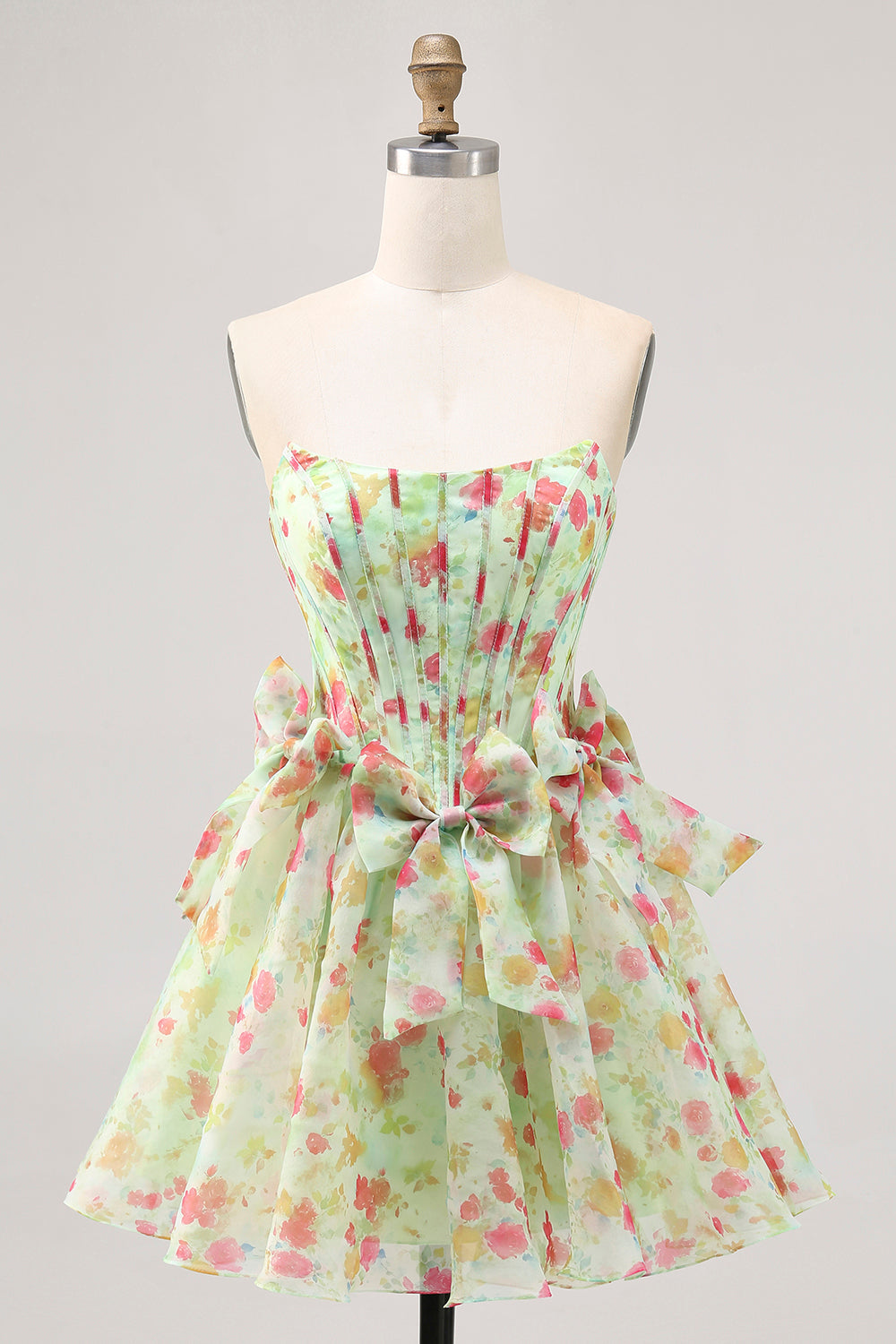 Floral Green Strapless A Line Corset Homecoming Dress