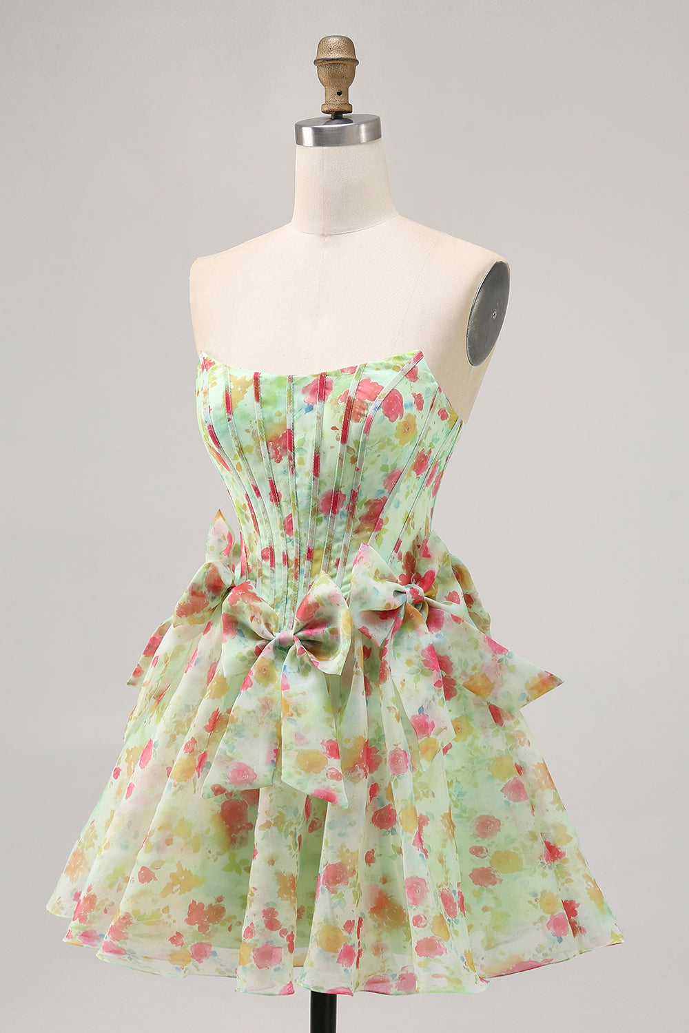 Floral Green Strapless A Line Corset Homecoming Dress