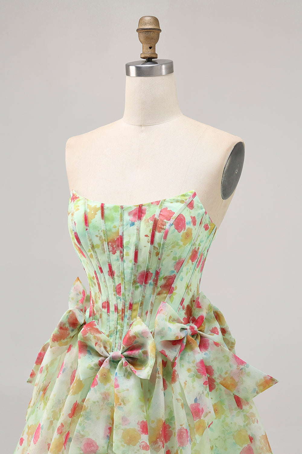 Floral Green Strapless A Line Corset Homecoming Dress