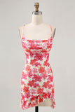 Red Flower Printed Mini Homecoming Dress