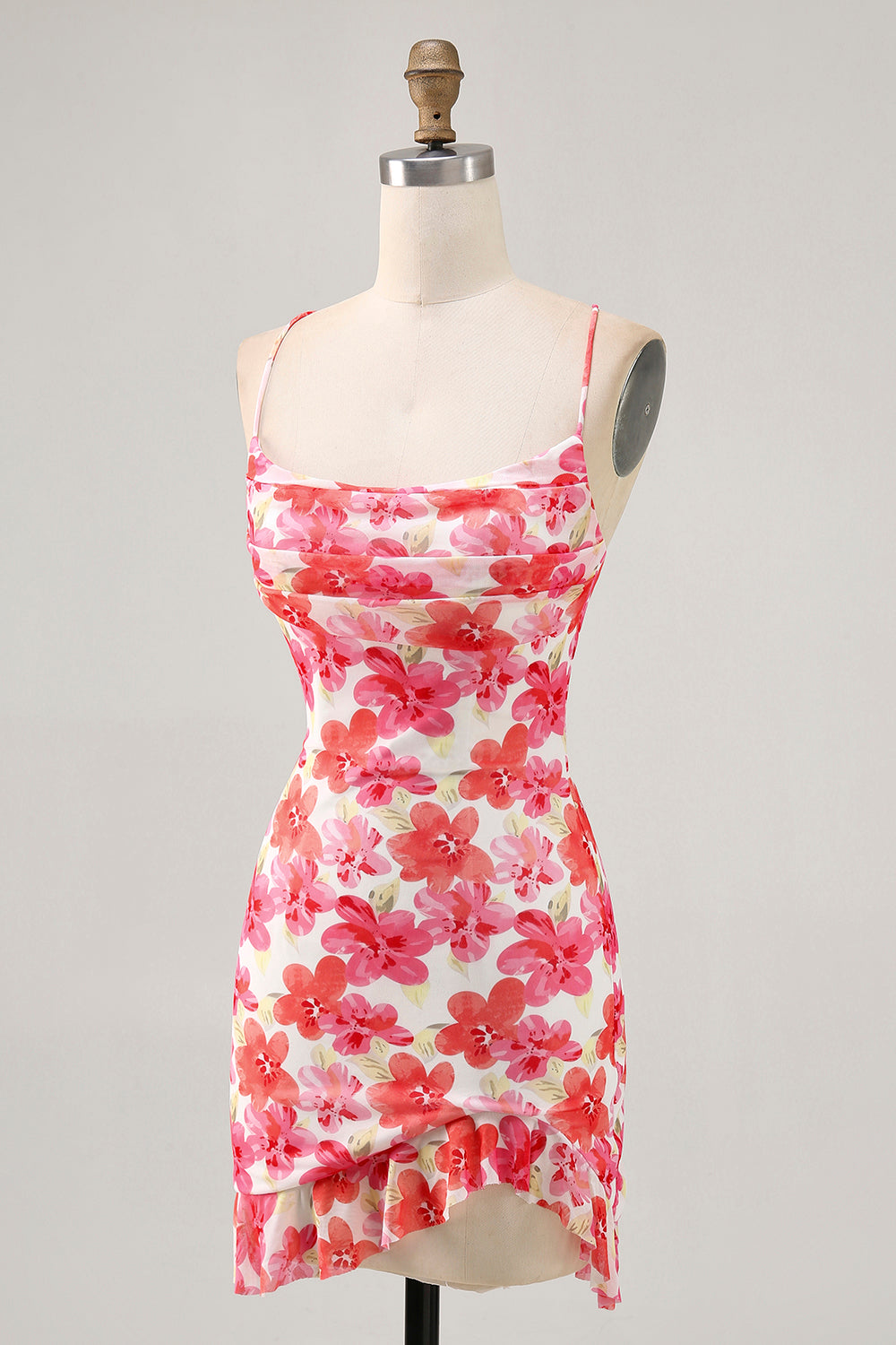 Red Flower Printed Mini Homecoming Dress