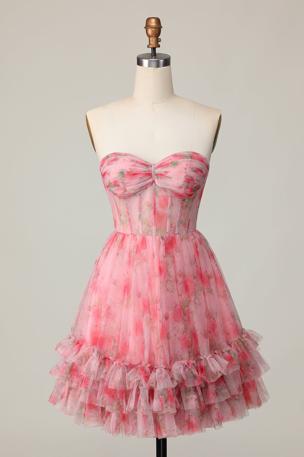 Floral Red Strapless Printed Ruffled A Line Homecoming Dress