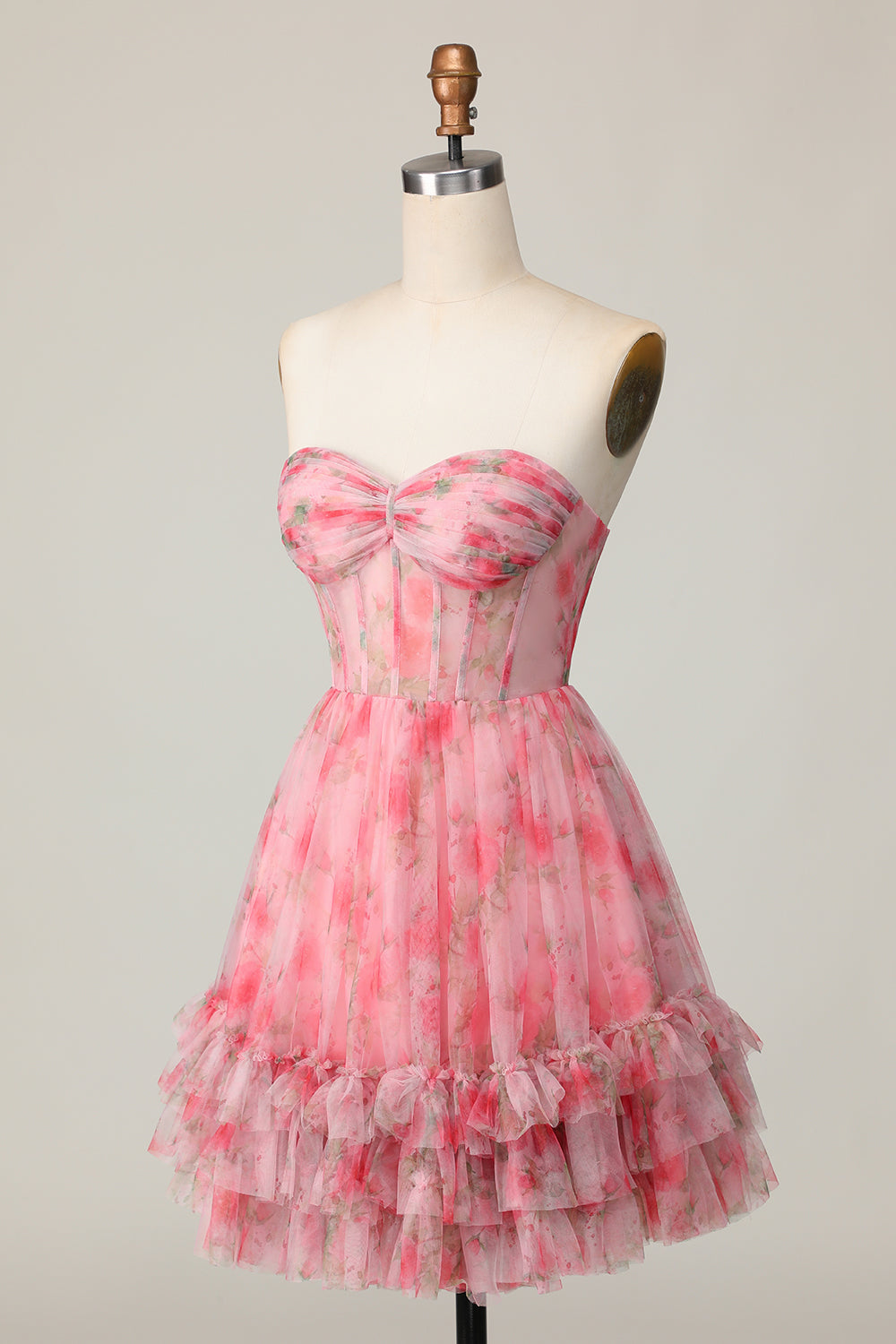 Floral Red Strapless Printed Ruffled A Line Homecoming Dress