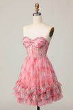 Floral Red Strapless Printed Ruffled A Line Homecoming Dress