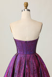 Metallic Corset Dark Purple Strapless A Line Homecoming Dress