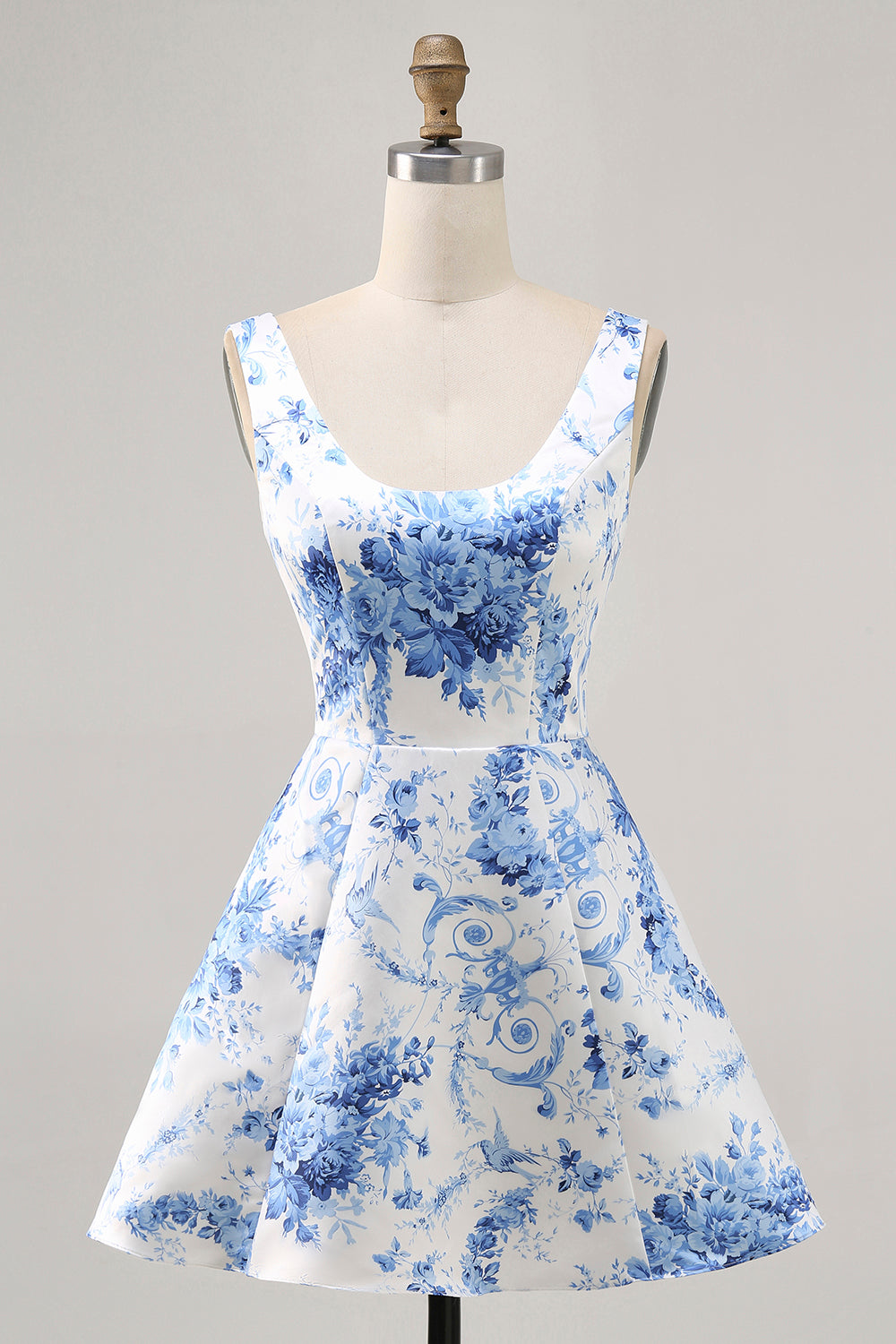 Printed White Blue Flower A Line Homecoming Dress