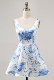 Printed White Blue Flower A Line Homecoming Dress