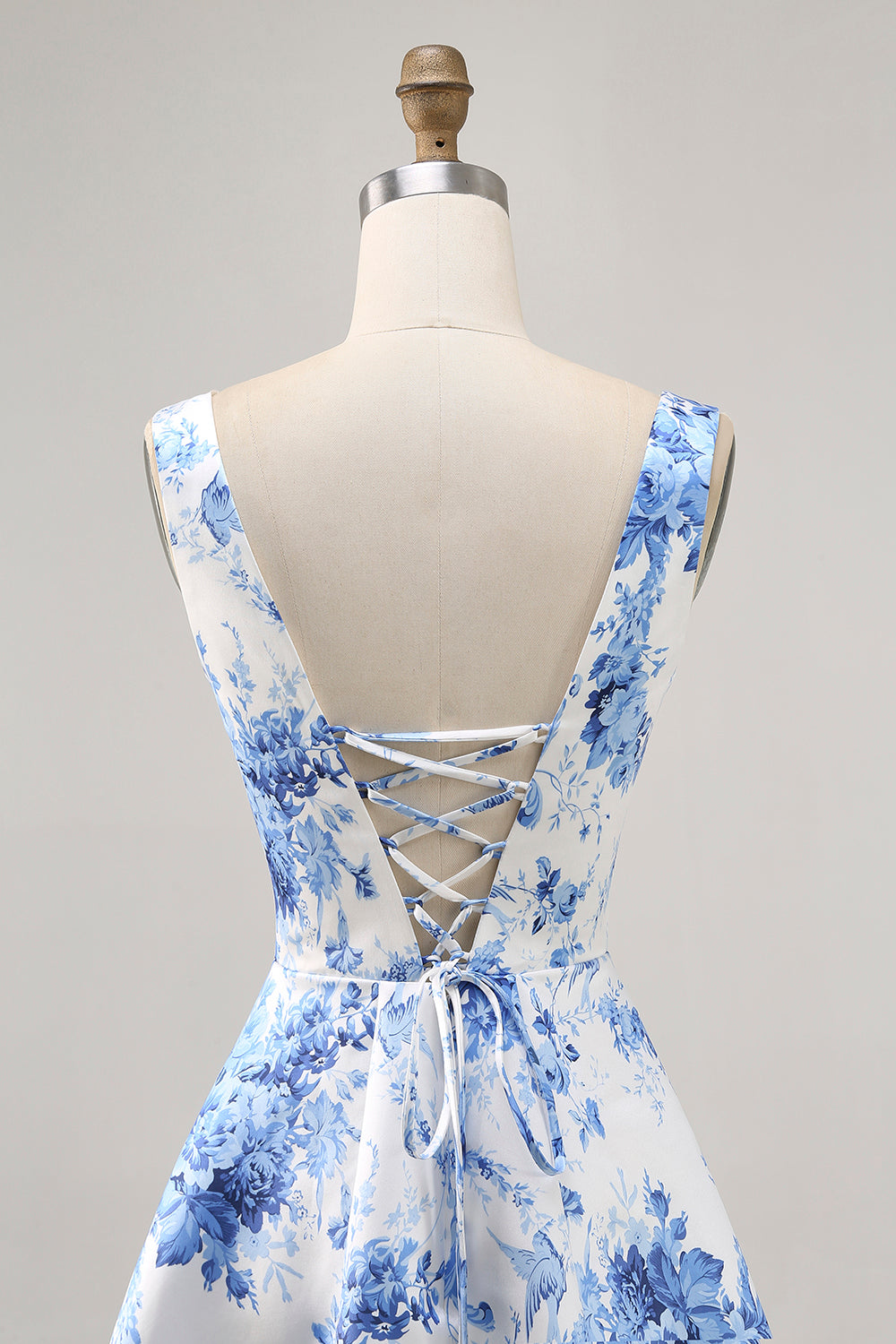 Printed White Blue Flower A Line Homecoming Dress