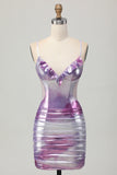 Silver Purple Bodycon Ruffled V Neck Homecoming Dress