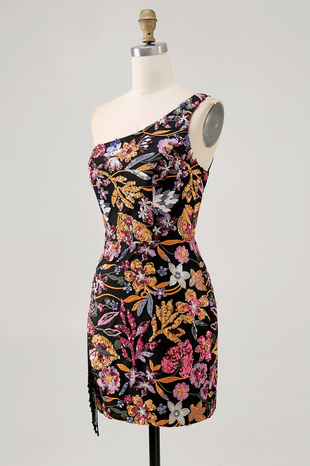 Black Flower Bodycon One Shoulder Embroidery Homecoming Dress