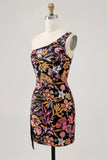 Black Flower Bodycon One Shoulder Embroidery Homecoming Dress