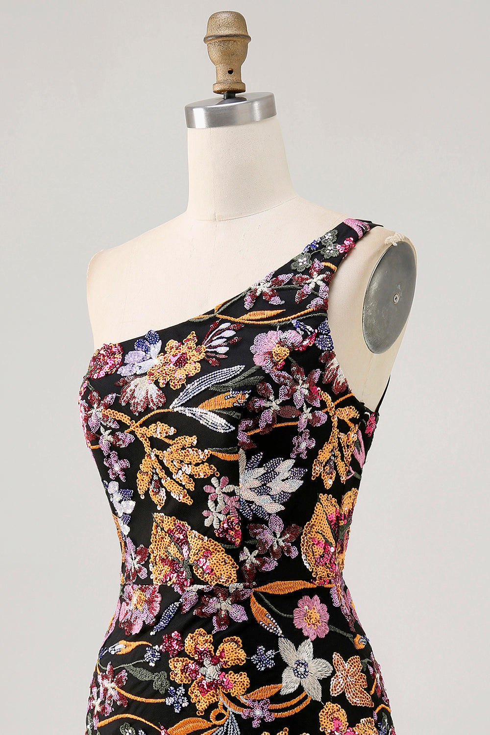 Black Flower Bodycon One Shoulder Embroidery Homecoming Dress