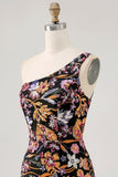 Black Flower Bodycon One Shoulder Embroidery Homecoming Dress