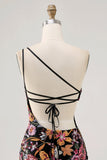 Black Flower Bodycon One Shoulder Embroidery Homecoming Dress