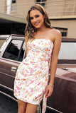 Strapless Bodycon Pink Flower Short Ball Dress with Bow