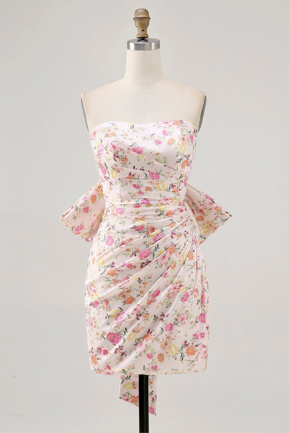 Strapless Bodycon Pink Flower Short Ball Dress with Bow
