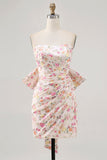 Pink Flower Strapless Bodycon Ruched Homecoming Dress