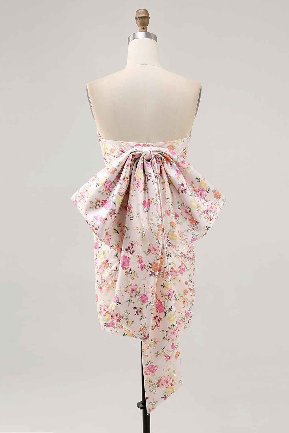 Strapless Bodycon Pink Flower Short Ball Dress with Bow