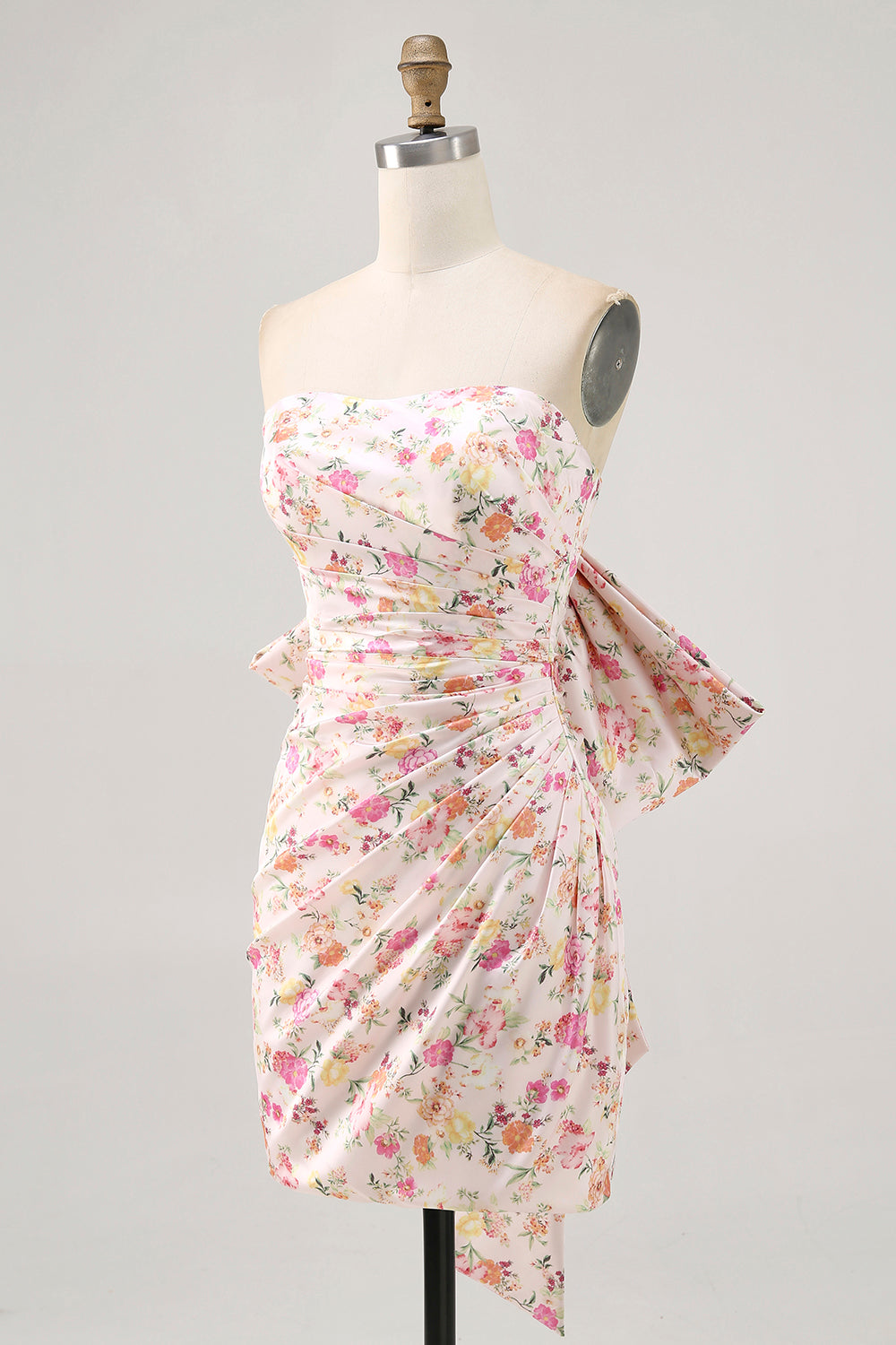 Pink Flower Strapless Bodycon Ruched Homecoming Dress