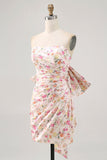 Pink Flower Strapless Bodycon Ruched Homecoming Dress