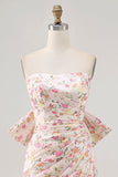 Pink Flower Strapless Bodycon Ruched Homecoming Dress