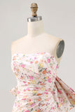 Pink Flower Strapless Bodycon Ruched Homecoming Dress