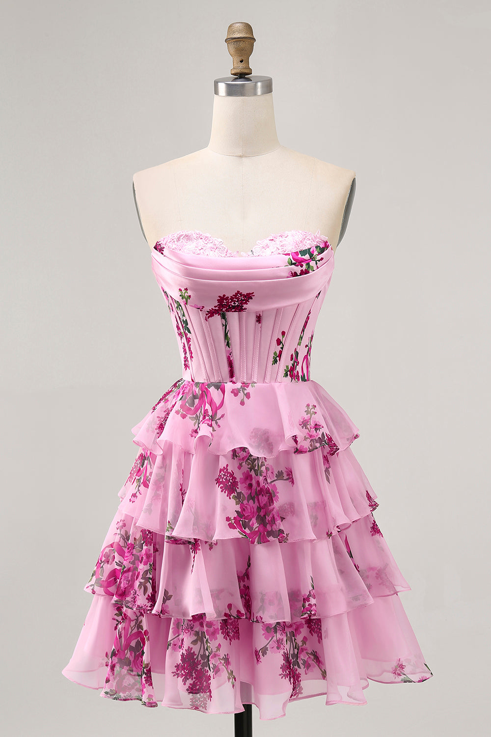 Tiered Pink Floral Strapless Homecoming Dress