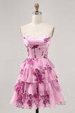 Tiered Pink Floral Strapless Homecoming Dress