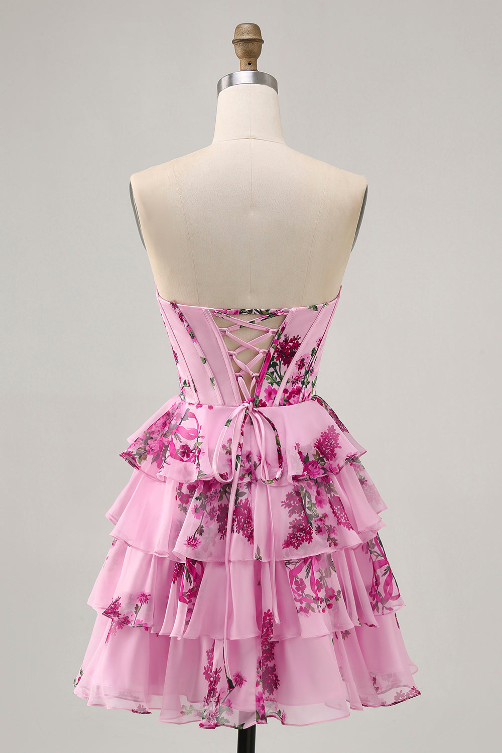 Tiered Pink Floral Strapless Homecoming Dress