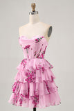 Tiered Pink Floral Strapless Homecoming Dress