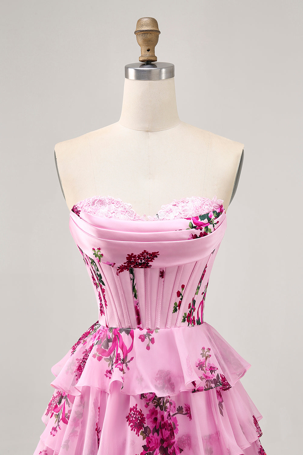 Tiered Pink Floral Strapless Homecoming Dress