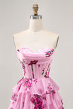 Tiered Pink Floral Strapless Homecoming Dress