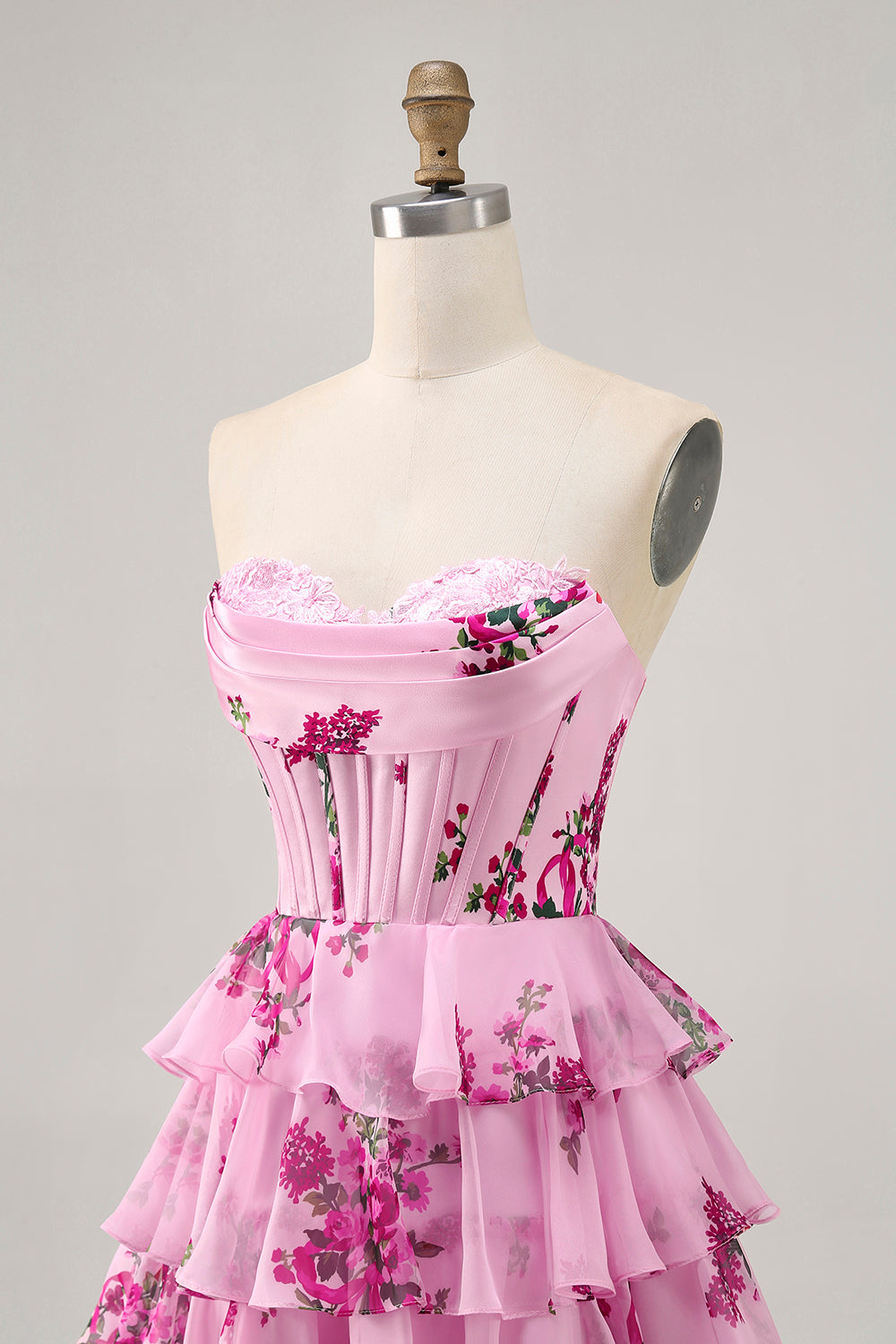Tiered Pink Floral Strapless Homecoming Dress