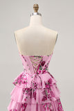 Tiered Pink Floral Strapless Homecoming Dress