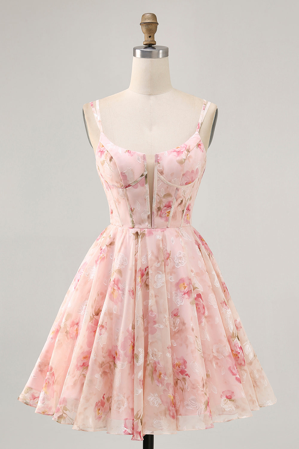 Blush Floral A Line Square Neck Corset Printed Homecoming Dress