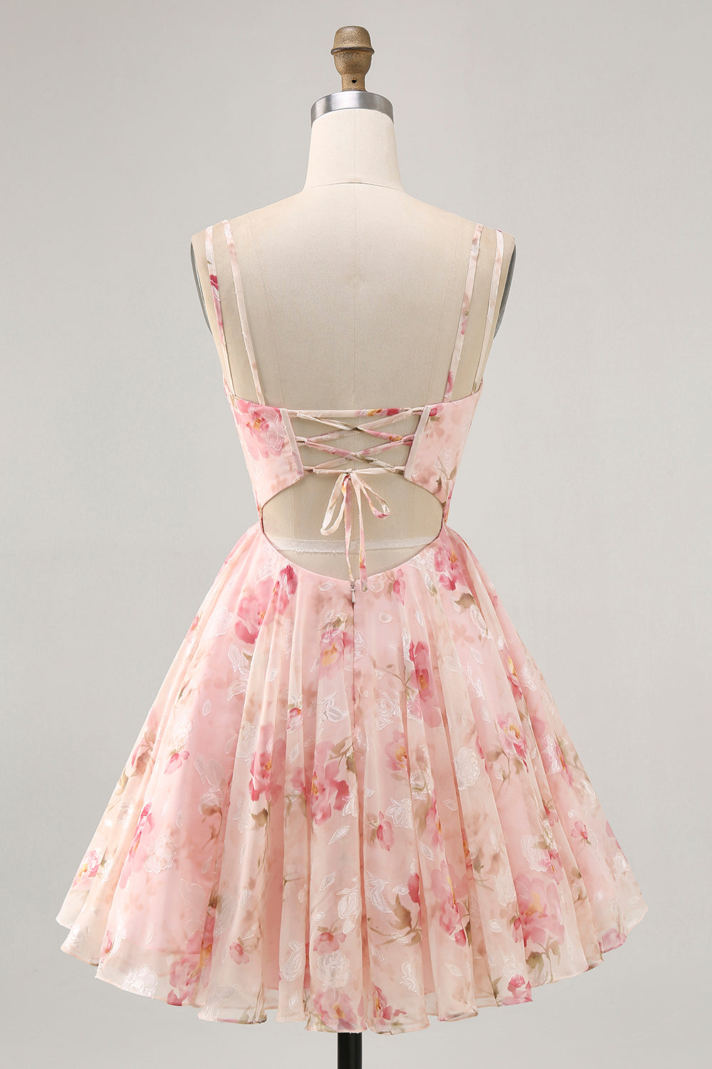 Blush Floral A Line Square Neck Corset Printed Homecoming Dress