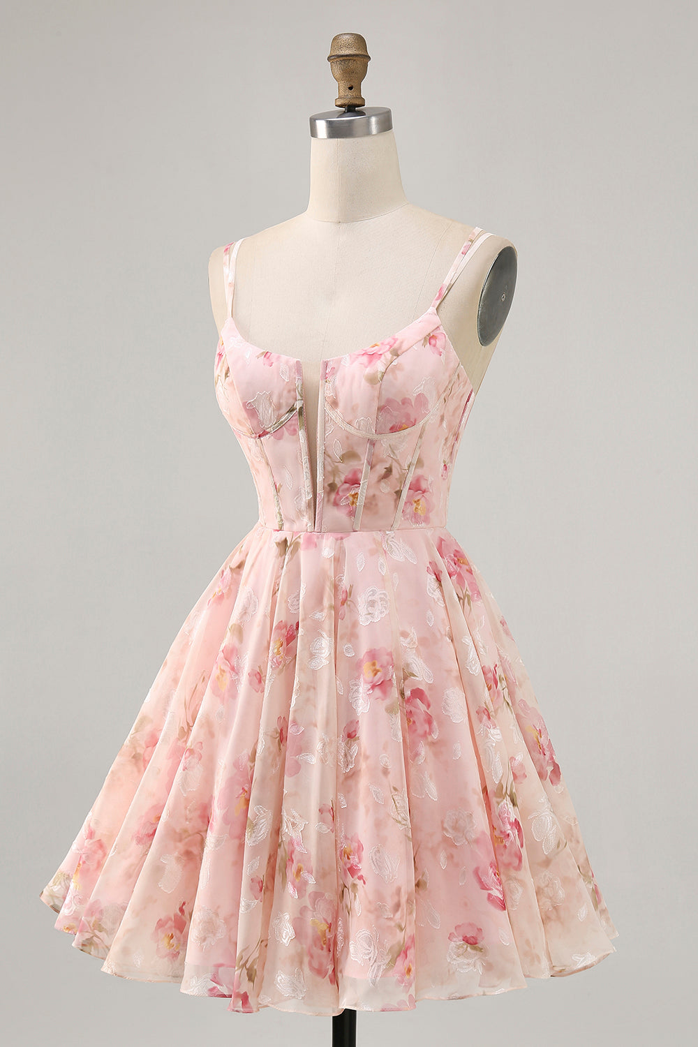 Blush Floral A Line Square Neck Corset Printed Homecoming Dress