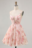 Blush Floral A Line Square Neck Corset Printed Homecoming Dress