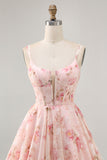 Blush Floral A Line Square Neck Corset Printed Homecoming Dress